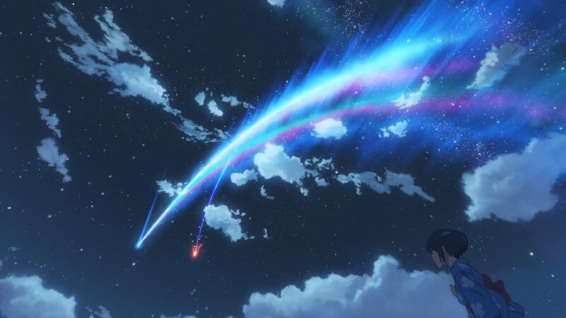 Girl Watching Meteor Shower — Blue, Serene, Night, Anime, Clouds, Stars
