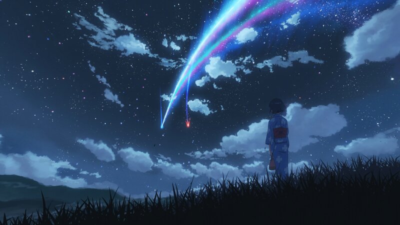 Girl Watching Meteor Shower — Blue, Serene, Night, Anime, Stars, Clouds