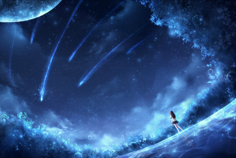 Girl Watching Meteor Shower — Blue, Serene, Night, Digital Art, Meteor Shower, Moon