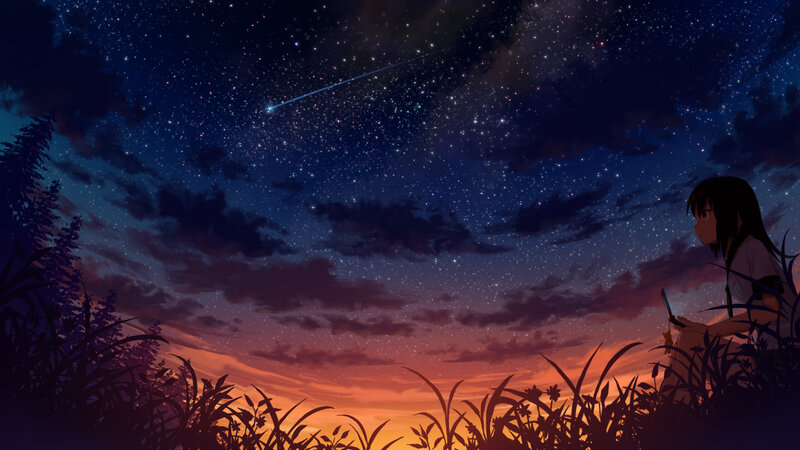 Girl Watching Meteor Shower — Blue, Serene, Night