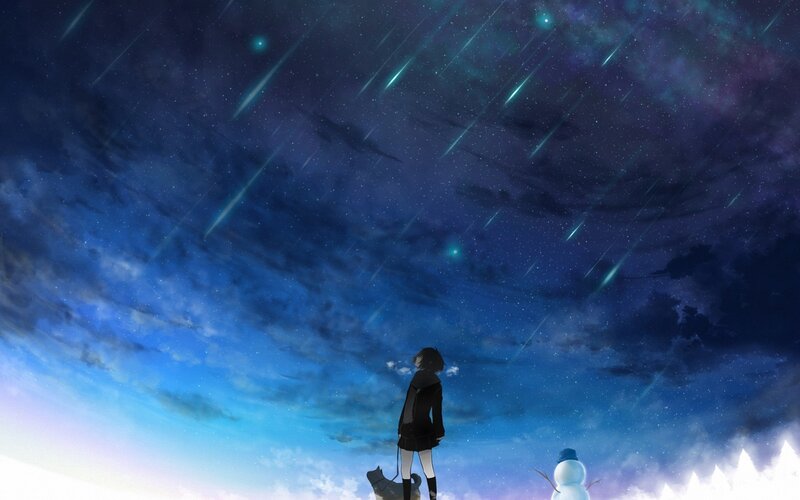 Girl Watching Meteor Shower — Blue, Serene
