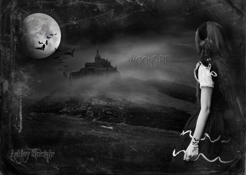 girl watching moon over castle