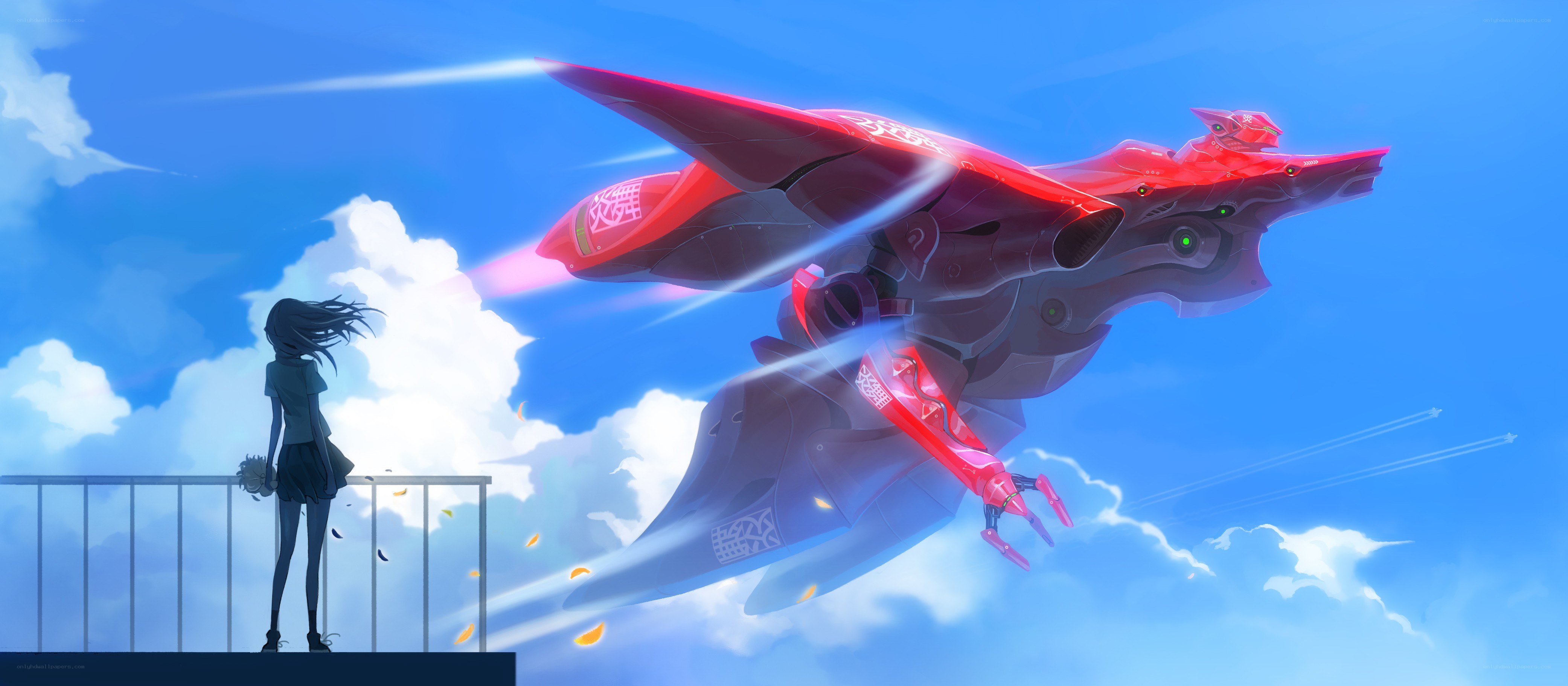 Girl watching red mecha fly