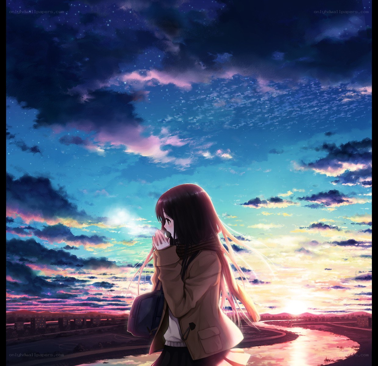 girl watching sunset by river