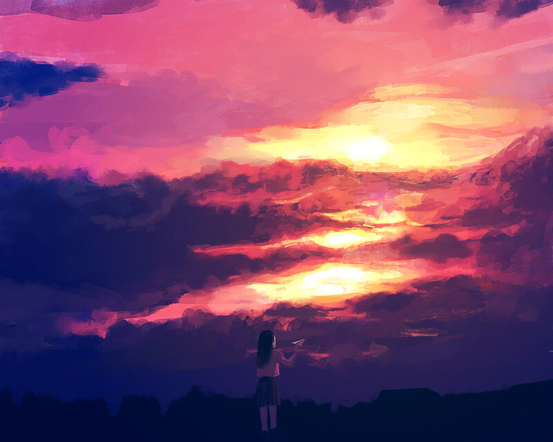Girl Watching Sunset — Pink