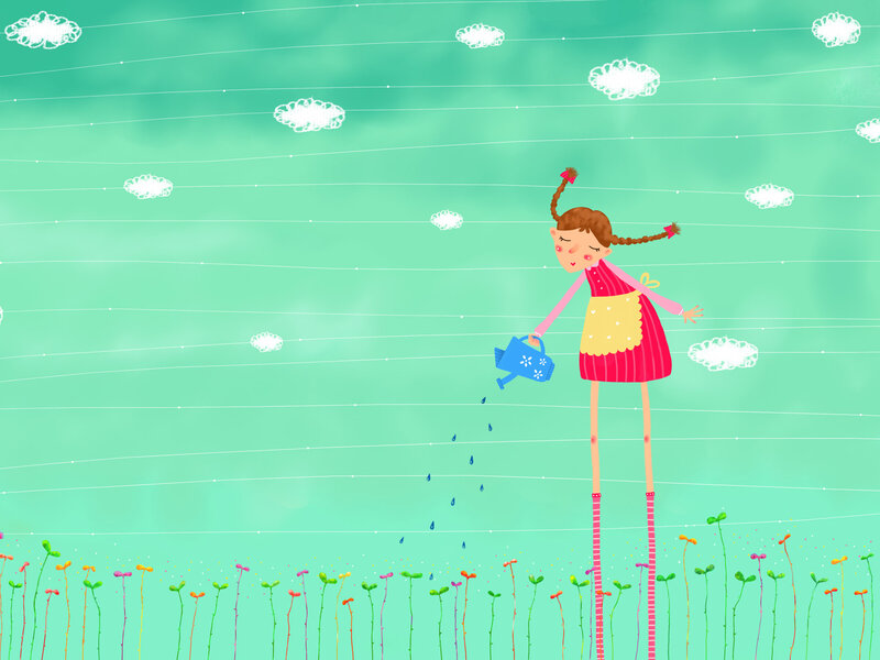 Girl Watering Flowers — Green, Serene, Morning