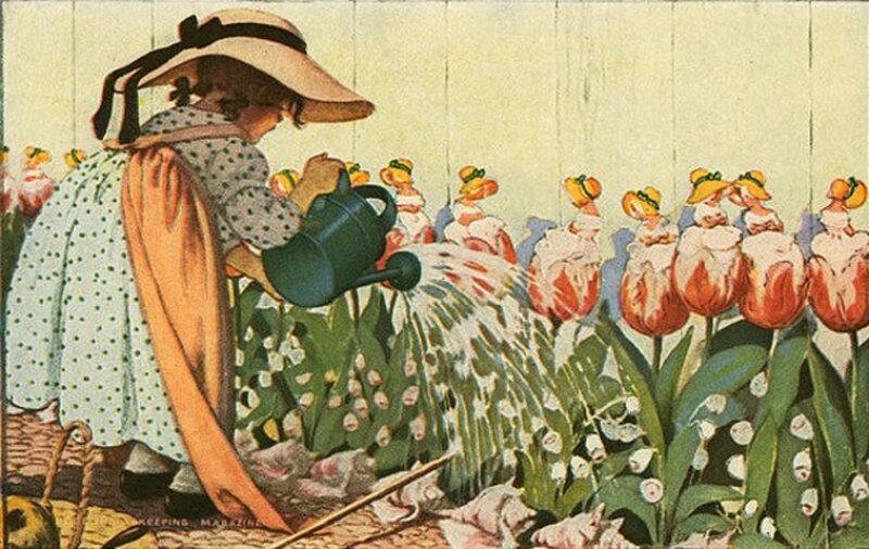 Girl Watering Flowers — Green, Serene