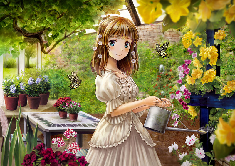 Girl Watering Flowers — Green