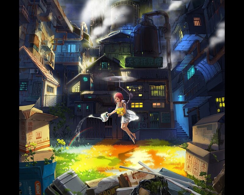 Girl watering flowers in a city