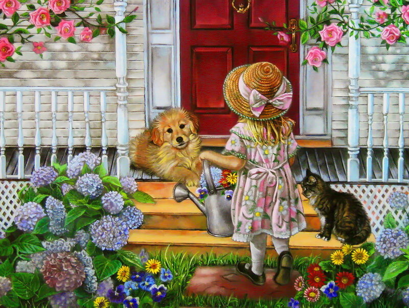 Girl Watering Flowers — Pink, Peaceful, Spring