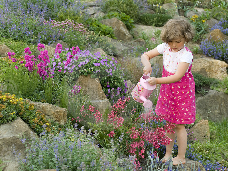 Girl Watering Flowers — Pink