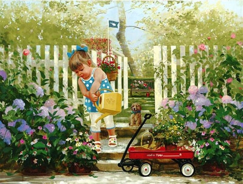 Girl Watering Flowers