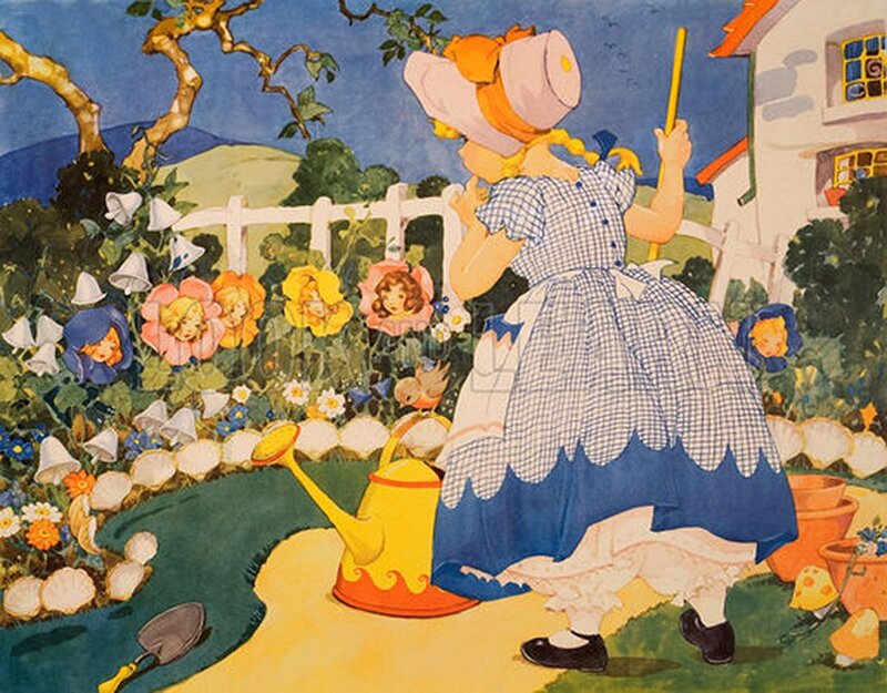 Girl Watering Garden — Blue