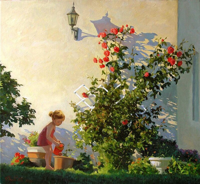 Girl watering garden roses