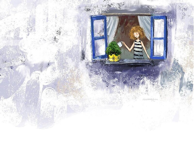 Girl watering plant at window