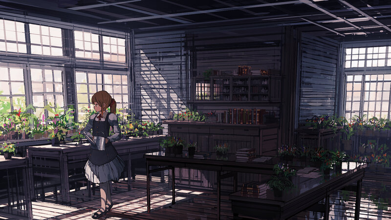 Girl Watering Plants — Gray