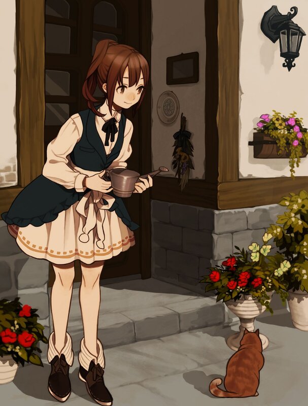 girl watering plants with cat