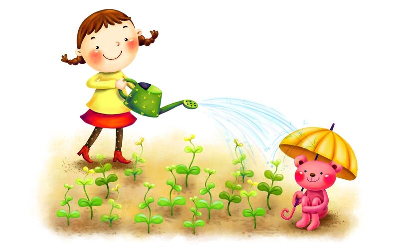 Girl watering plants with teddy bear
