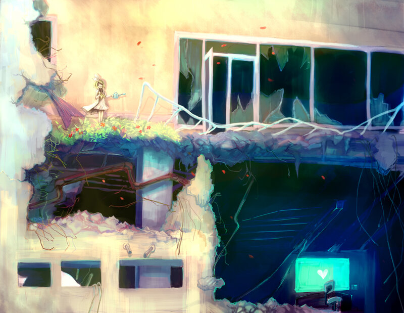 Girl Watering Plants — Yellow