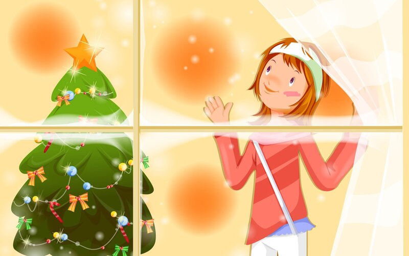 Girl waving at Christmas tree