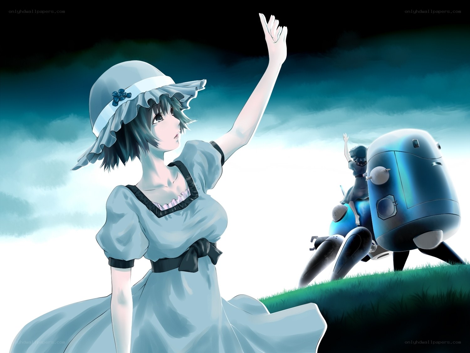 girl waving at robot