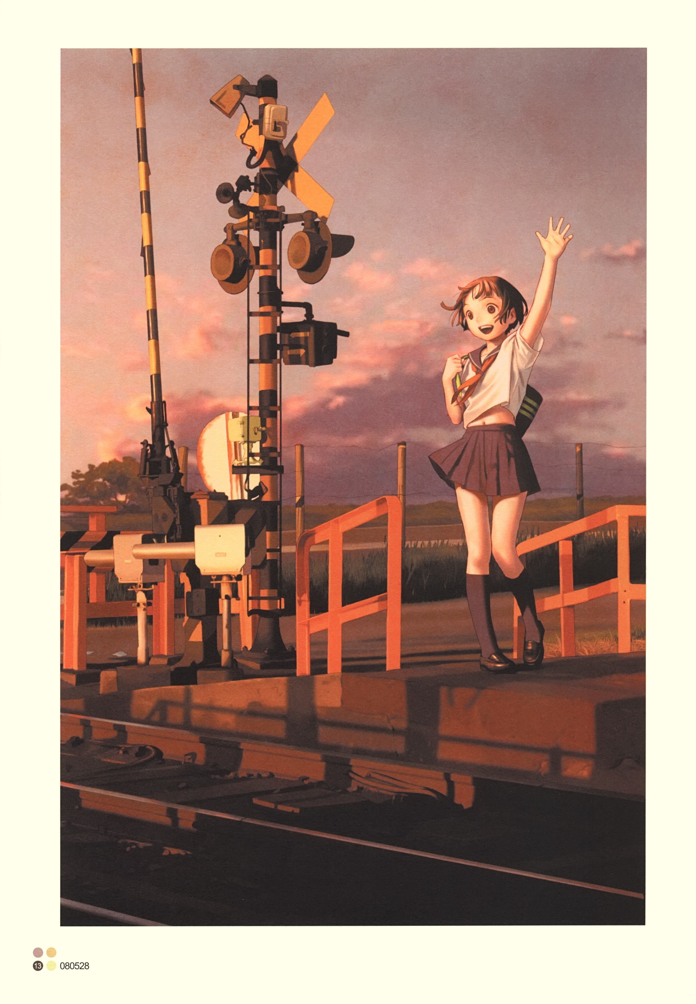 Girl waving at train crossing