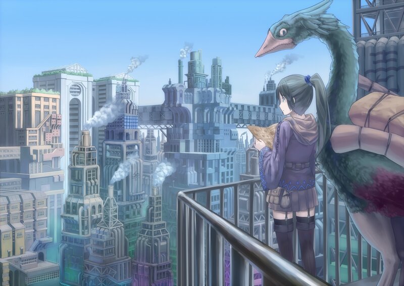 Girl with a bird overlooking a city
