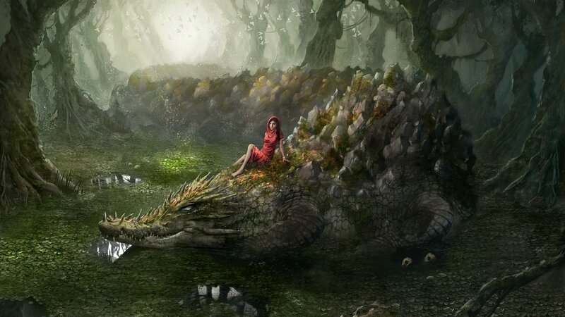 girl with a crocodile in the forest