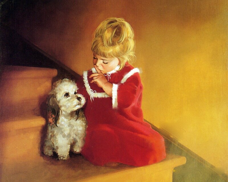 Girl with a dog on stairs