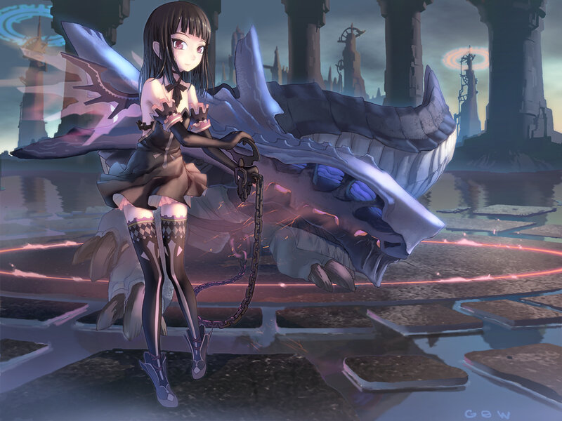 Girl with a dragon in ruins