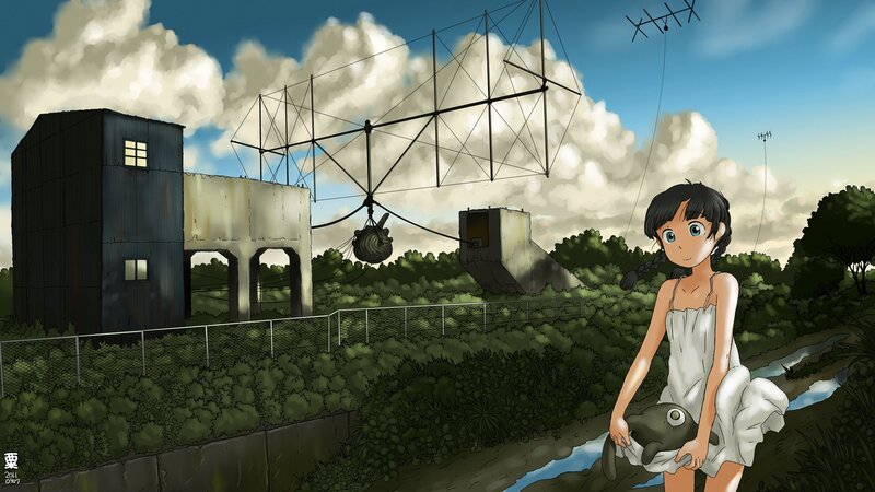 Girl with a fish near an antenna