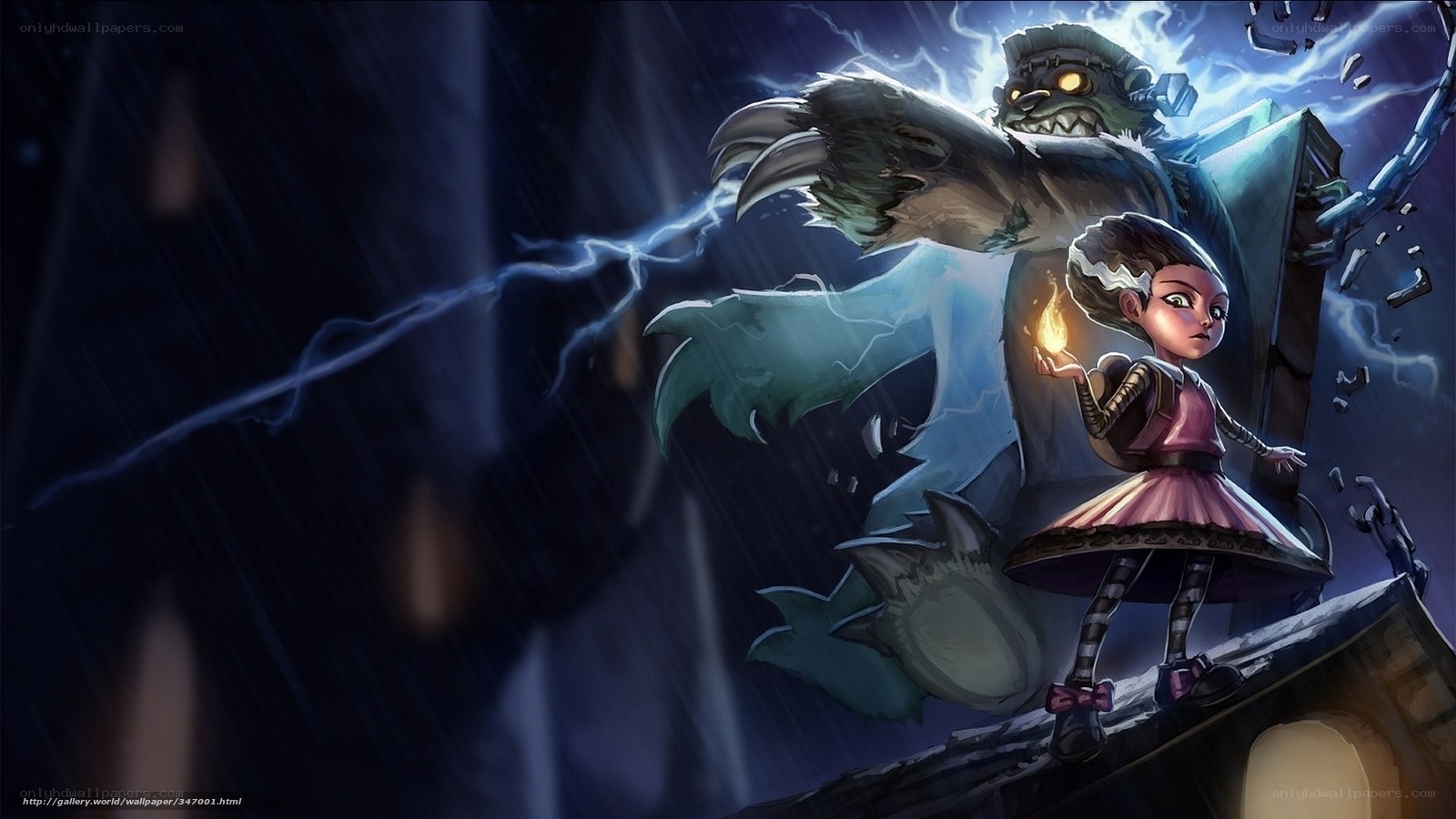 Girl with a monster in the storm