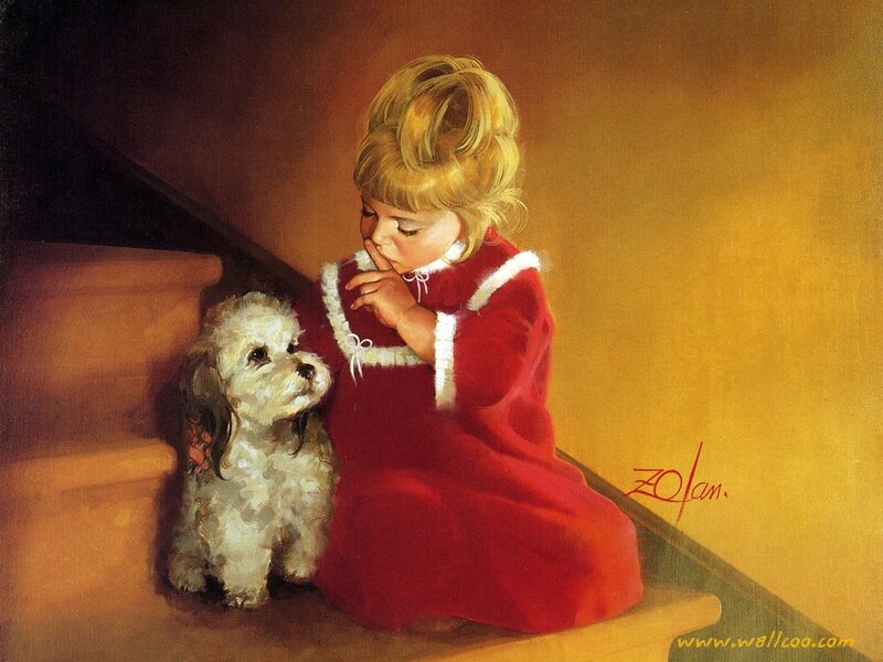 Girl with a puppy on stairs