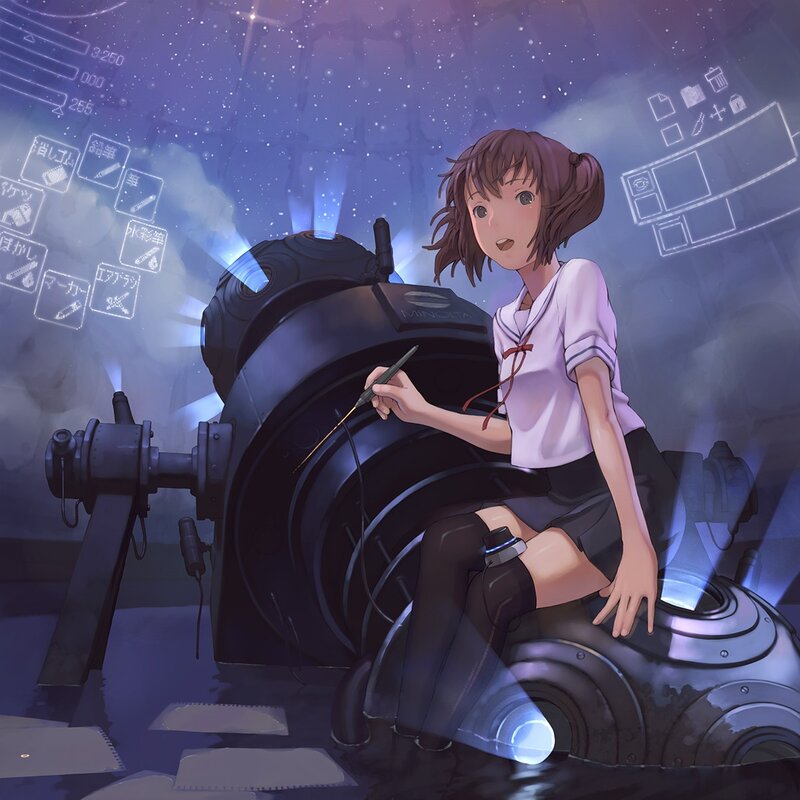 Girl with a robot in space
