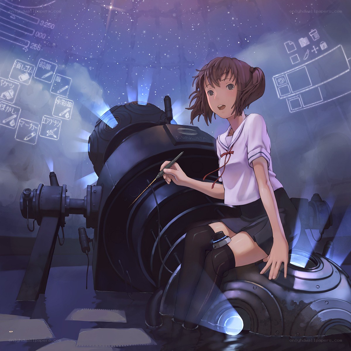 Girl with a robot in space