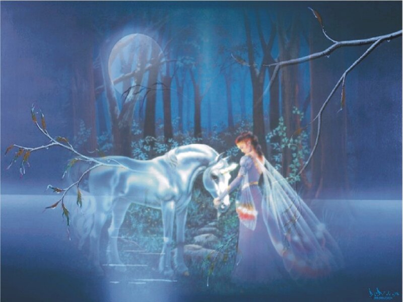 Girl with a unicorn in the forest