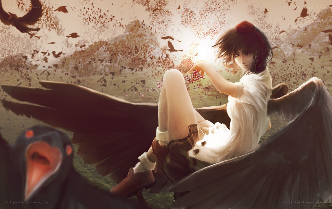 girl with angel wings and crows
