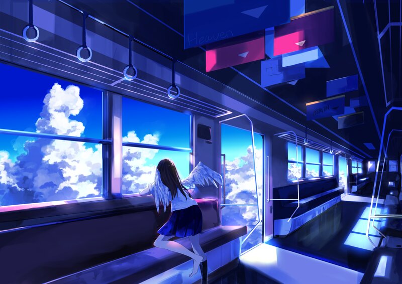 Girl with Angel Wings — Blue, Serene, Afternoon, Anime