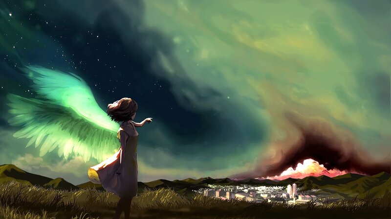 Girl with Angel Wings — Green, Dramatic, Night