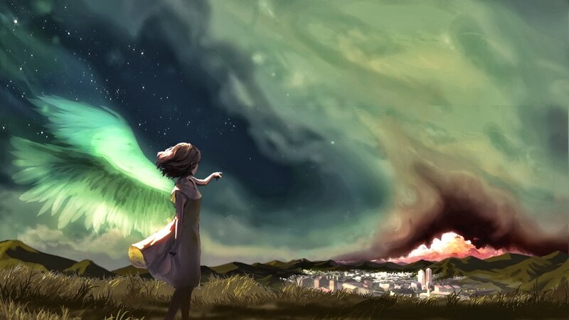 Girl with Angel Wings — Green, Dramatic