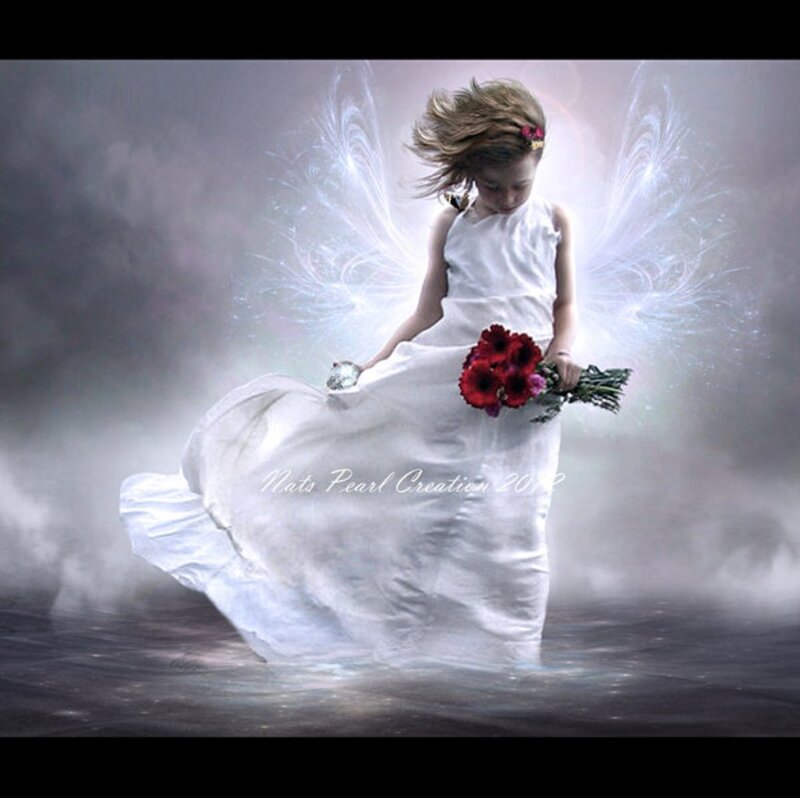 Girl with Angel Wings — White, Dramatic, Digital Art