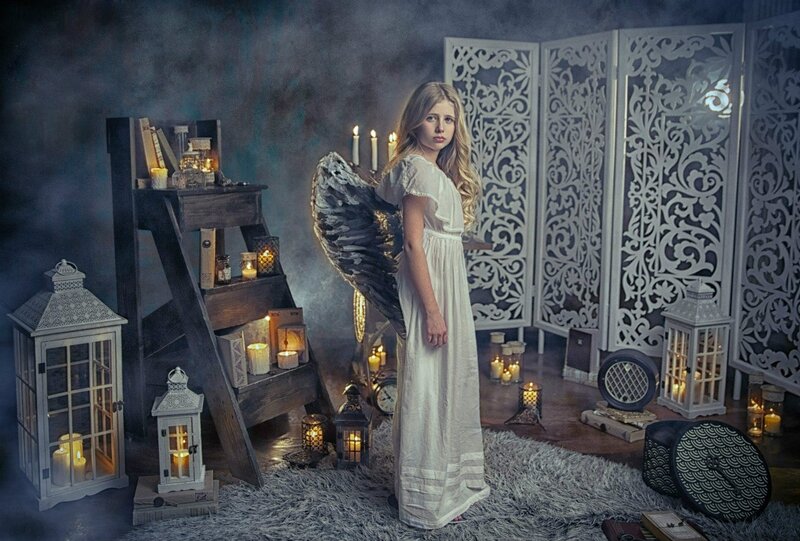 Girl with Angel Wings — White, Dramatic, Night, Photograph, Candles