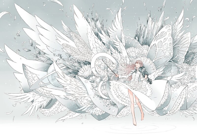 Girl with Angel Wings — White, Serene, Digital Art