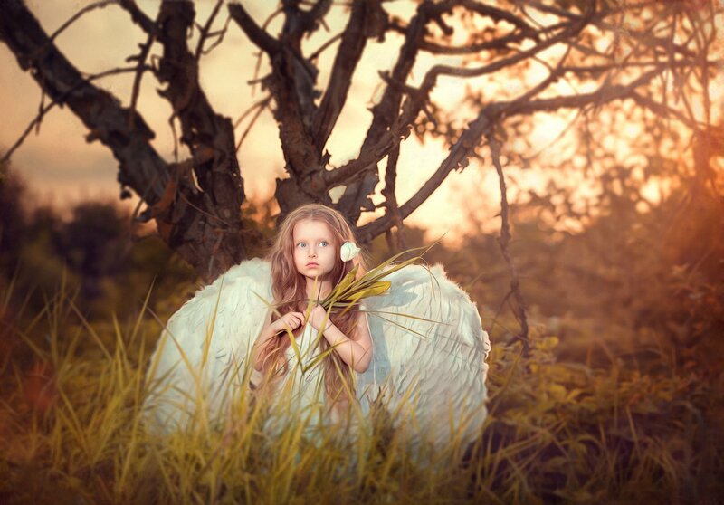 Girl with Angel Wings — White, Serene, Sunset