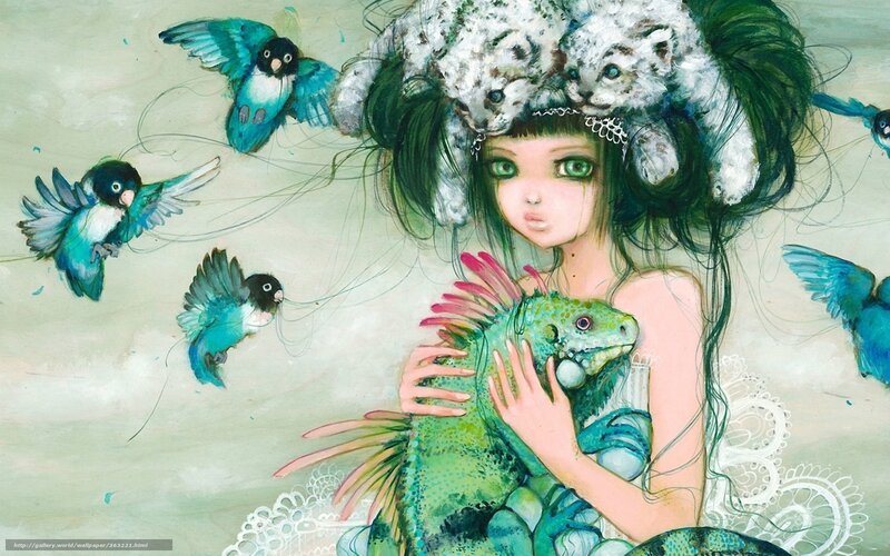 girl with animals and birds
