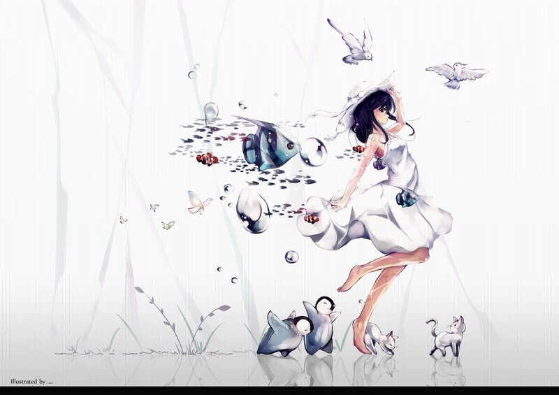 Girl with animals and fish