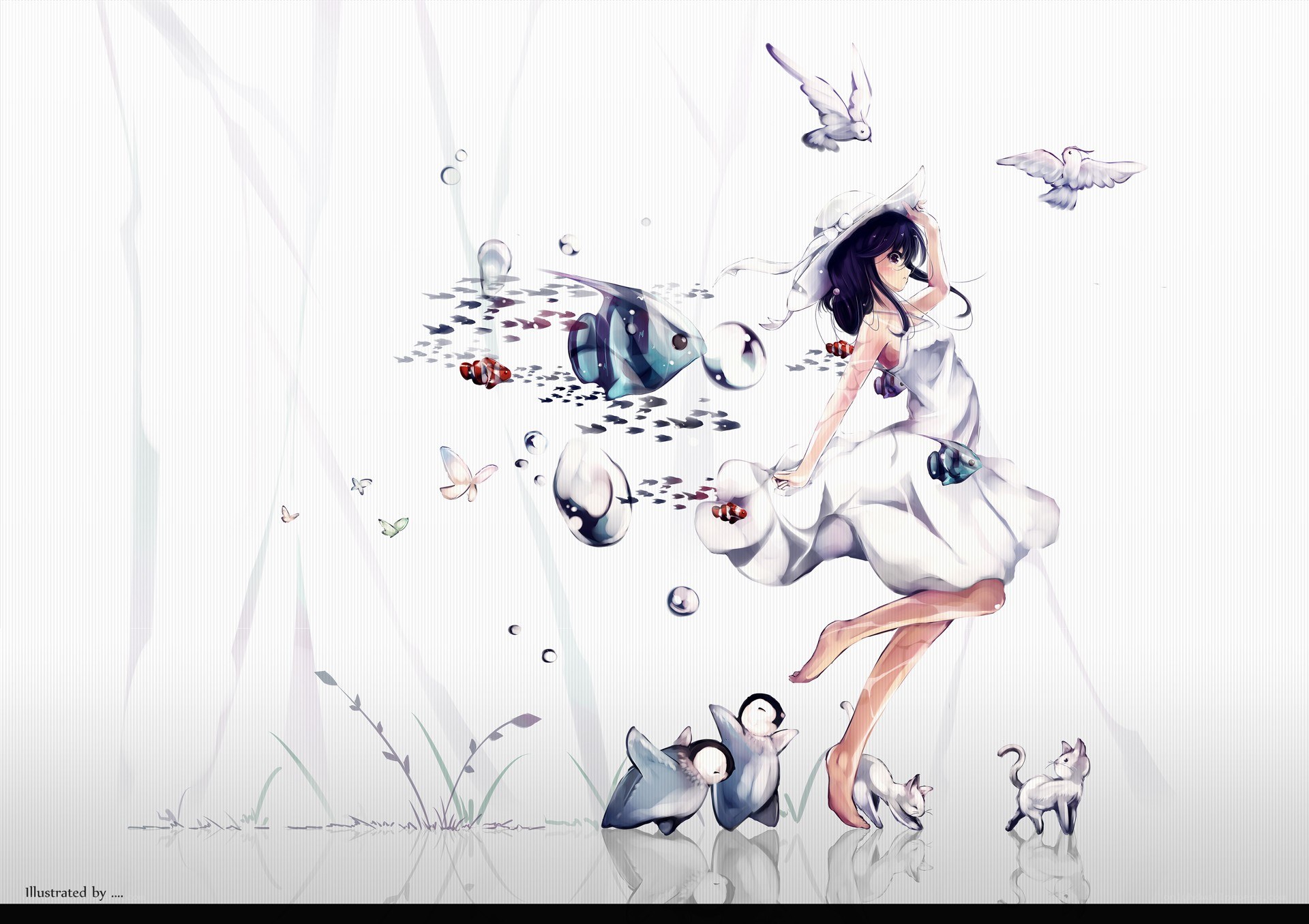 Girl with animals and fish