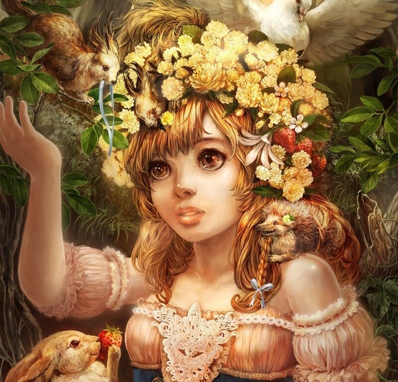 girl with animals and flowers