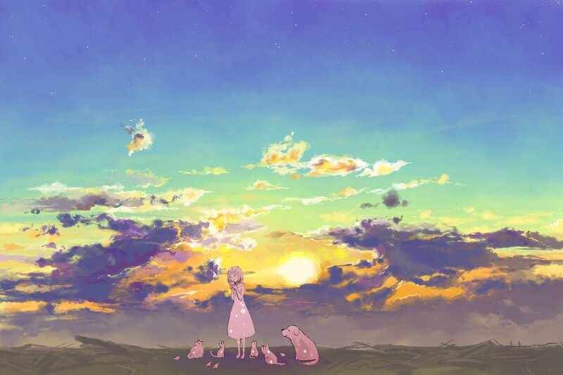 Girl with animals at sunset