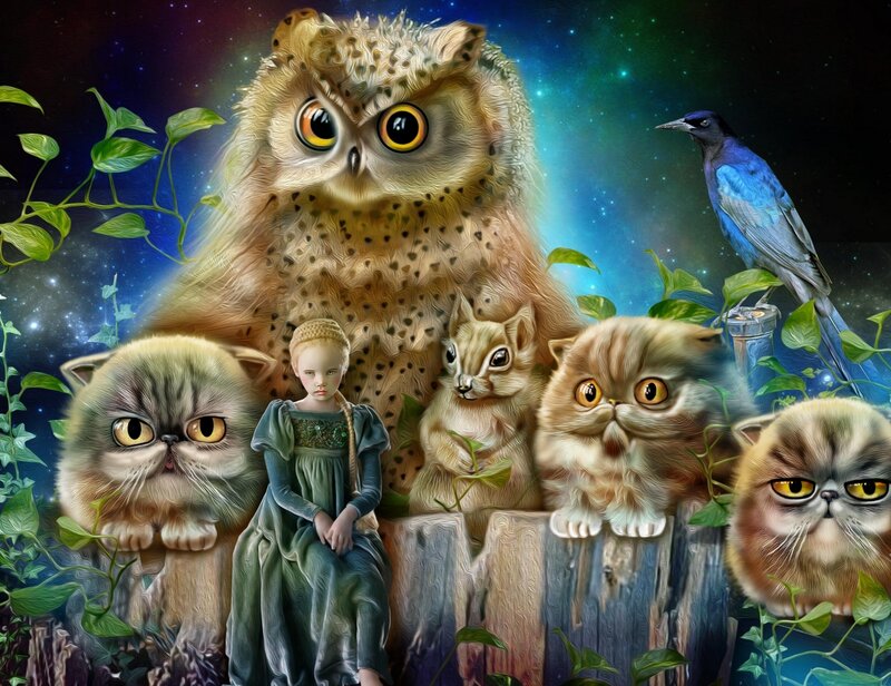 Girl with Animals — Blue, Fantastical, Night